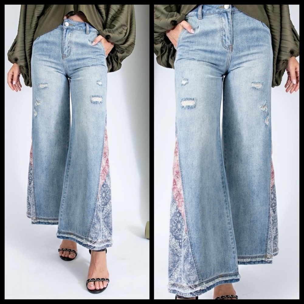 EASEL “I Got A Feeling” Light Denim Boyfriend Jeans Patchwork Details Flared Leg - Picture 5 of 14